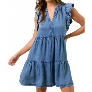 NEW DOE AND RAE chambray charm mini dress in blue